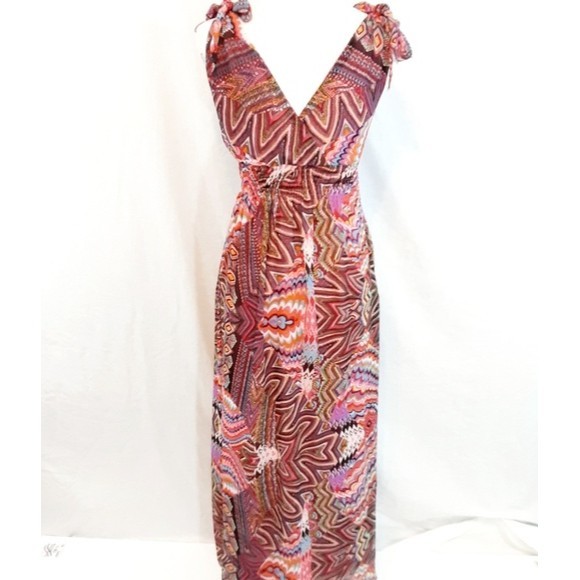 FX Empire Waist Maxi Dress Small Tie Shoulder Straps Boho Multicolor Print - Picture 4 of 5